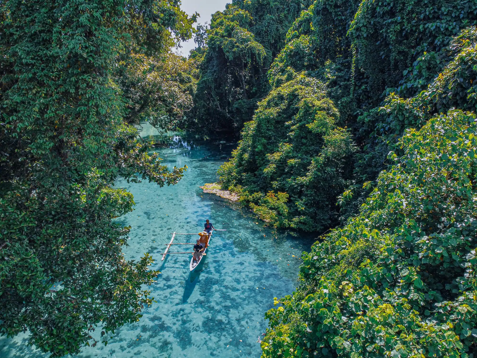 drone shot of Riri blue hole canoe ride