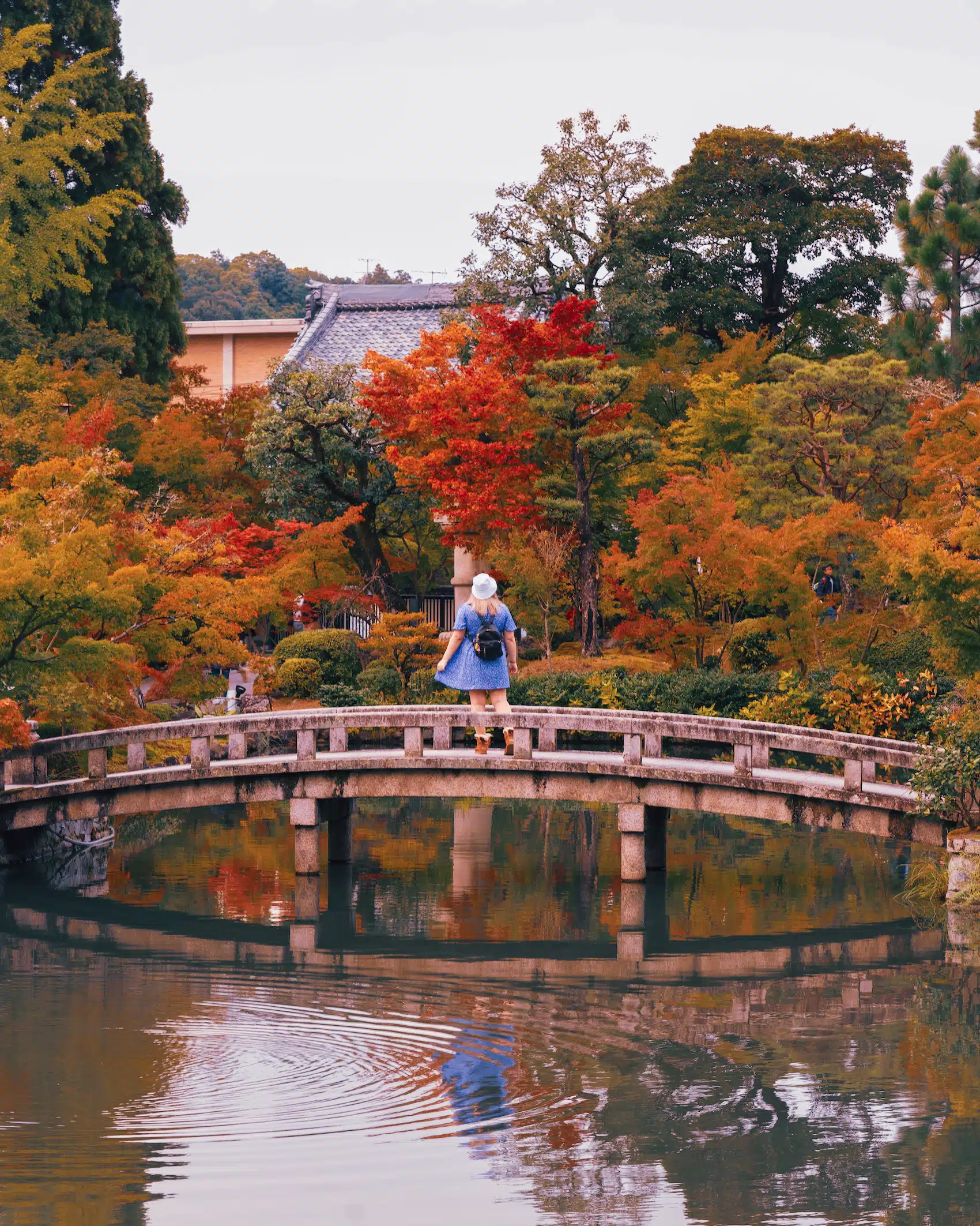 Girl walking over a bridge inside Eikan Do Temple