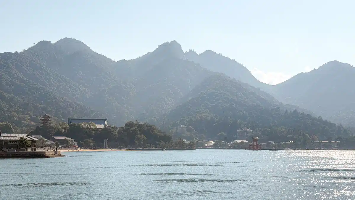 Rolling mountains in Miyajima Island with views of the Torri gate