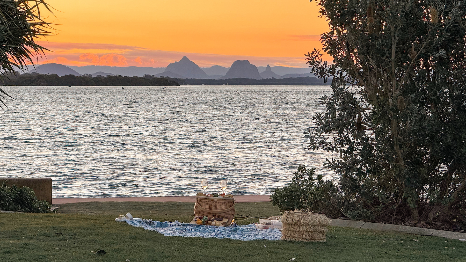 Views of Glasshouse Mountains in Sunset Park, Bribie Island